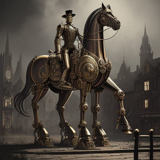 Steampunk Brass Automaton Horse in Victorian Village Square