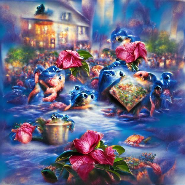 Frogs Pirouetting on Blue Tiles: Poster Art