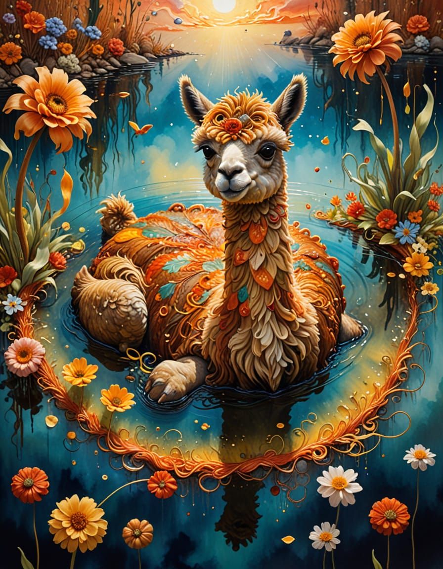 Surreal Alpaca Creature in Spaghetti Lake Painting