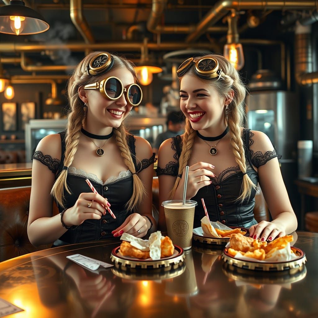 Steampunk Cafe Scene in 1950s-Inspired Aesthetic with Brass...