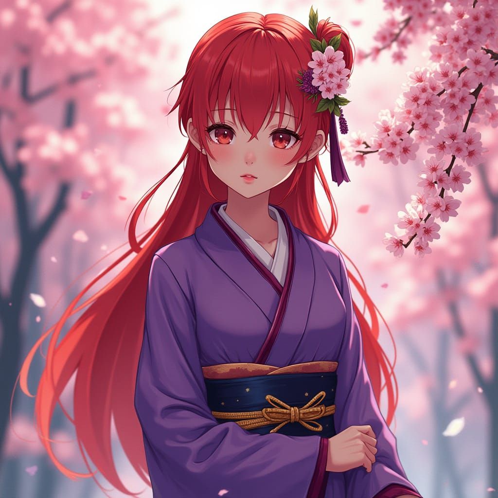 Redhead in Kimono with Cherry Blossoms, Anime Style