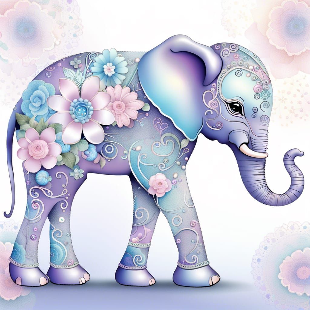 Pastel Elephant with Elaborate Floral Design