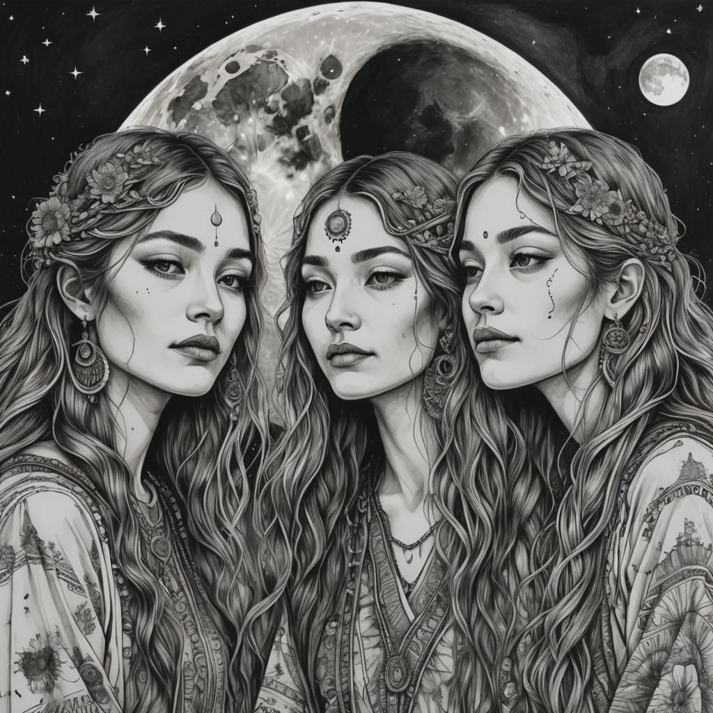 Double Exposure of Hippie Ladies Under the Moon