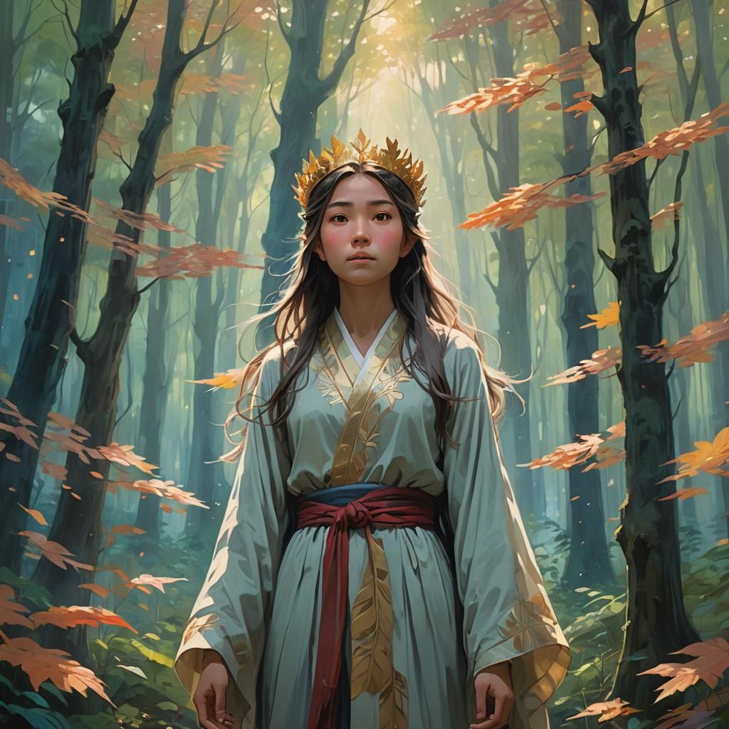 Ethereal Woman in Mystical Forest, Miyazaki-Inspired