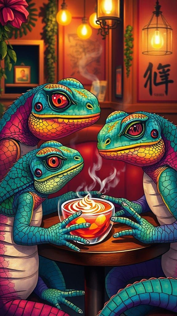 Whimsical Reptiles Gather in a Cozy Cafe