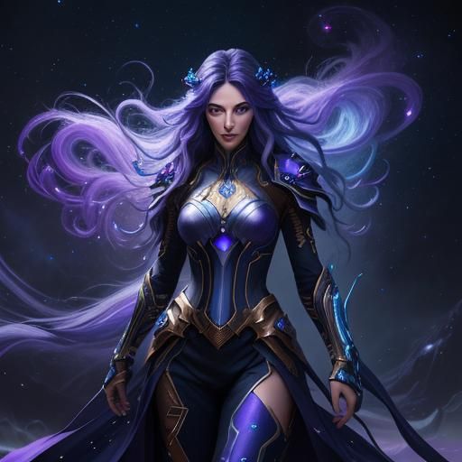 Nebula Warrior: Girl with Galaxy Hair, Digital Art