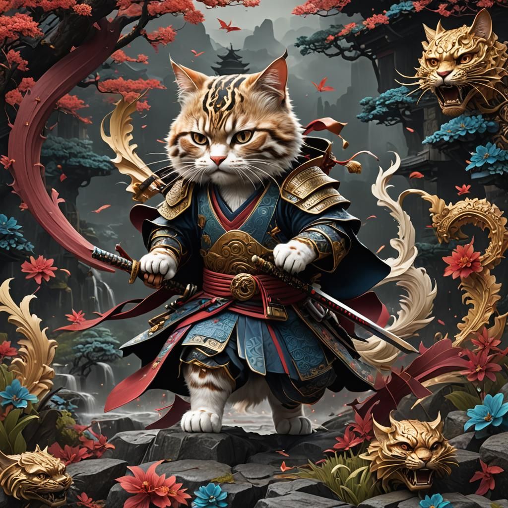 Samurai Cat in Dynamic Action: Fantasy Concept Art