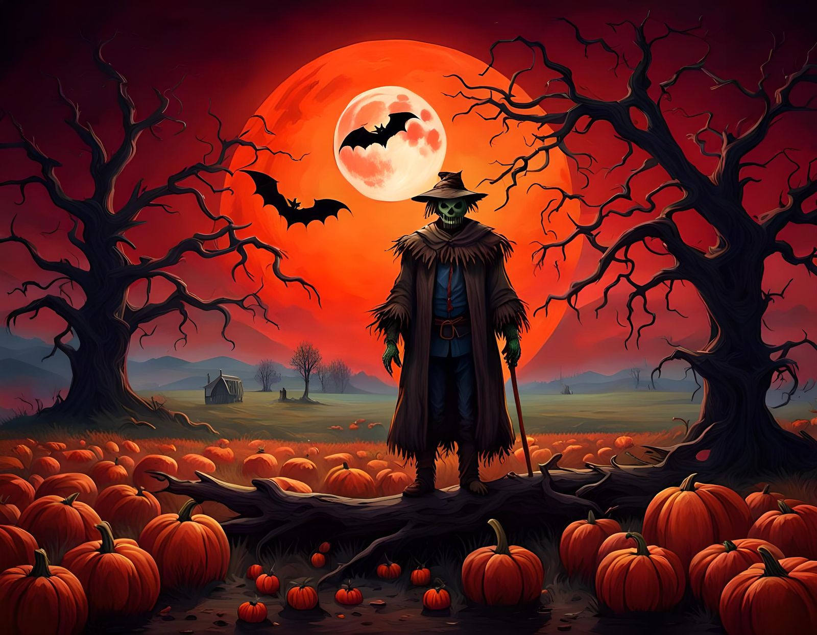 Halloween Night Scarecrow Field with Red Moon