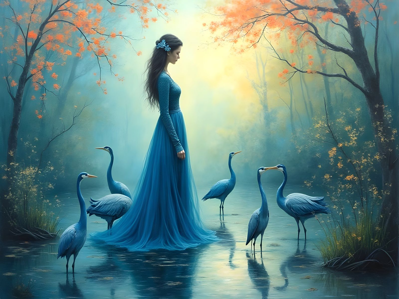 Surrealistic Blue Heron Scene in Radiant Colors