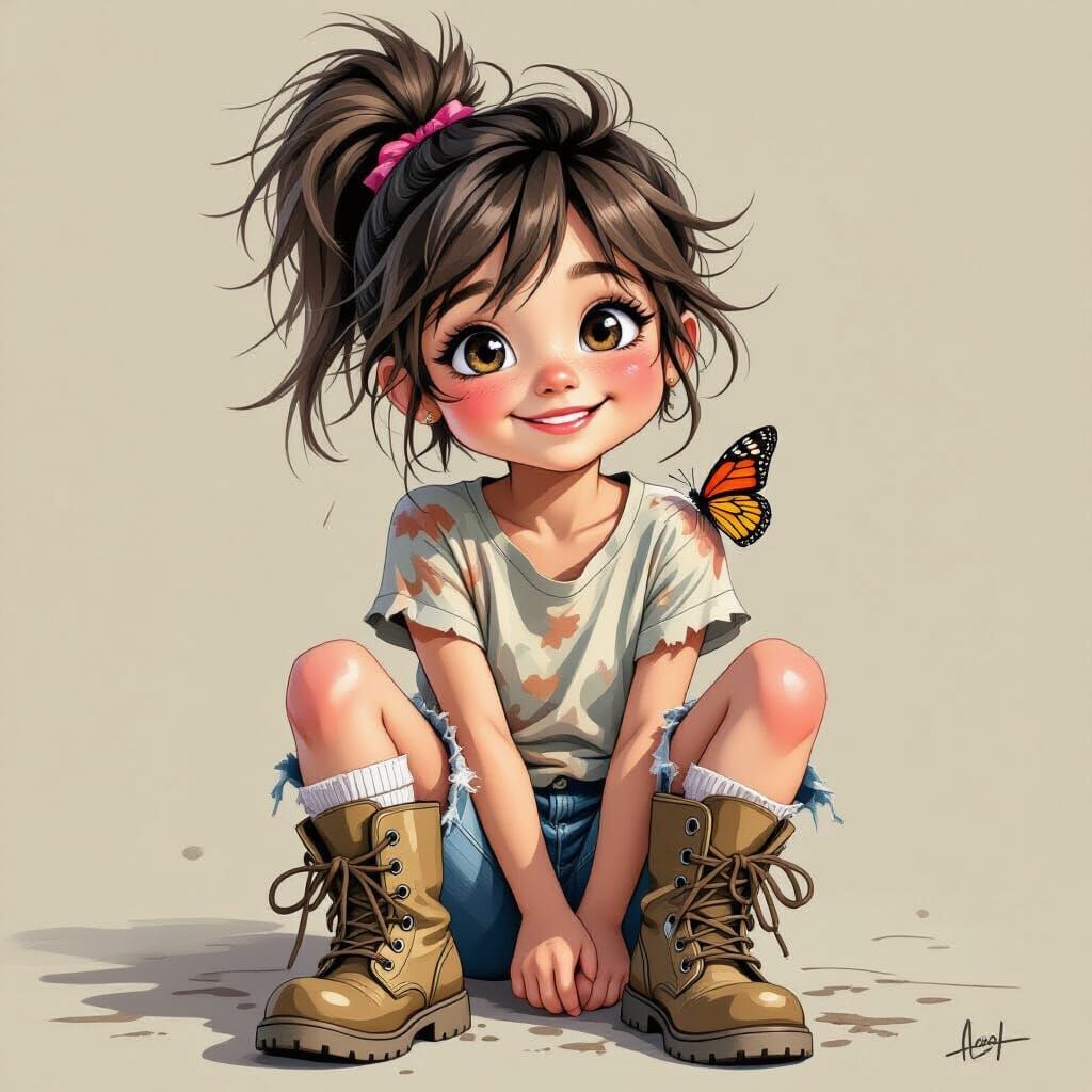 Cheerful Girl with Butterfly, Charcoal Art