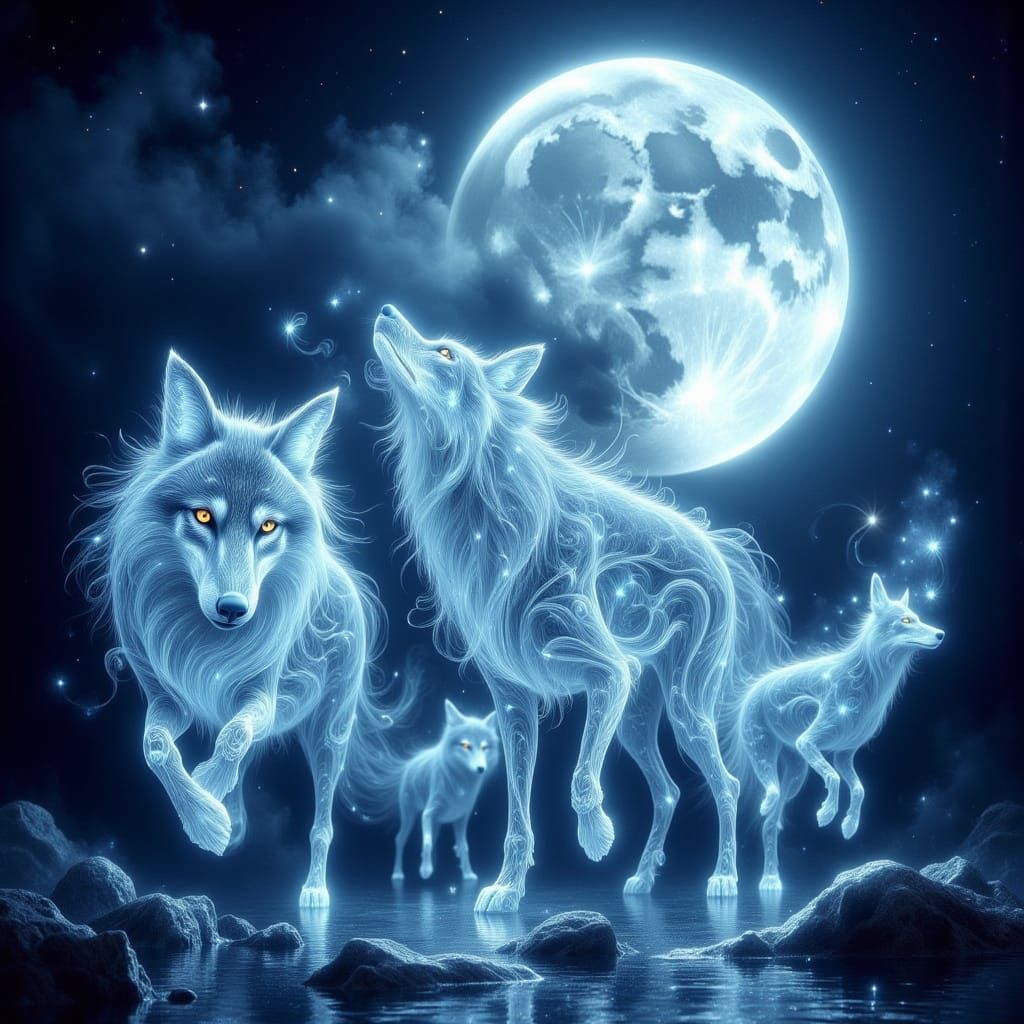 Ethereal Wolf Spirits Under a Starlit Moon