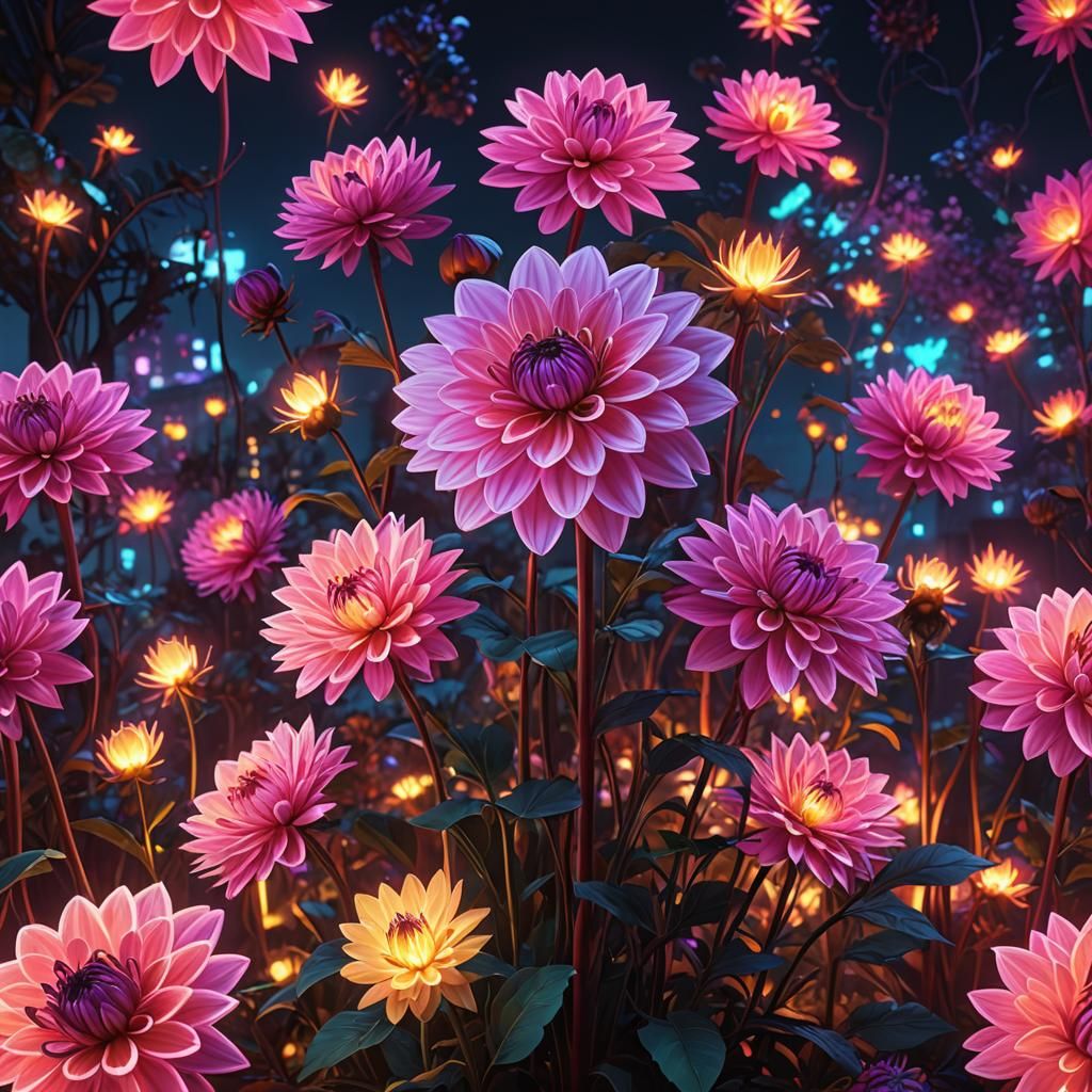 Neon Pink Dahlia Lit at Night: Fantasy Concept Art