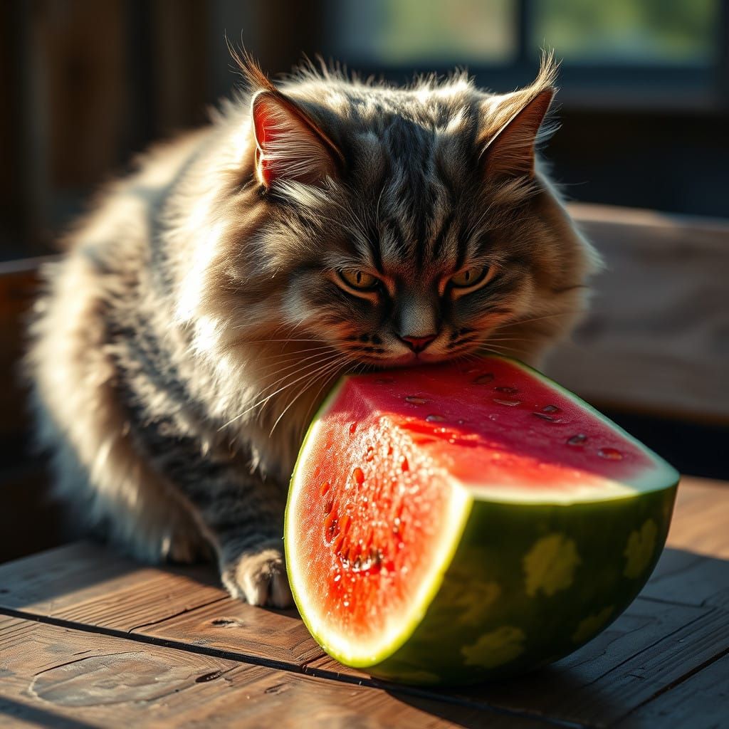 Regal Grey Cat Devours Juicy Watermelon