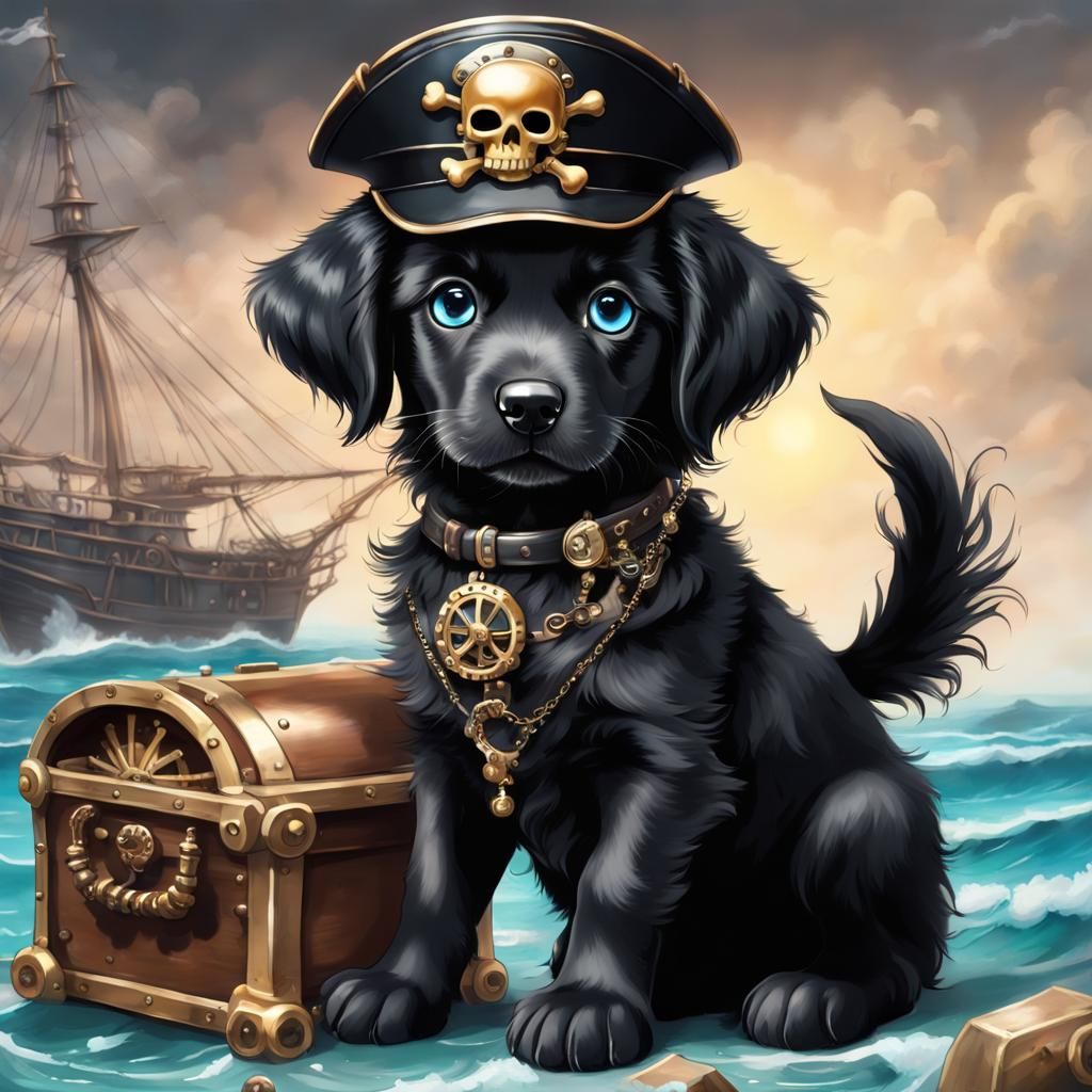 Steampunk Pirate Retriever Puppy on Treasure Chest