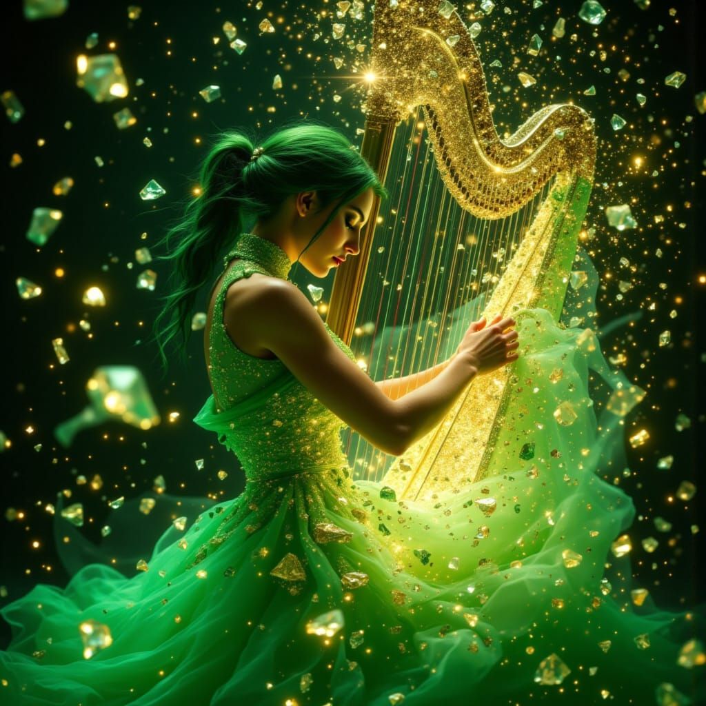Emerald Harpist in Crystalline Dreamscape