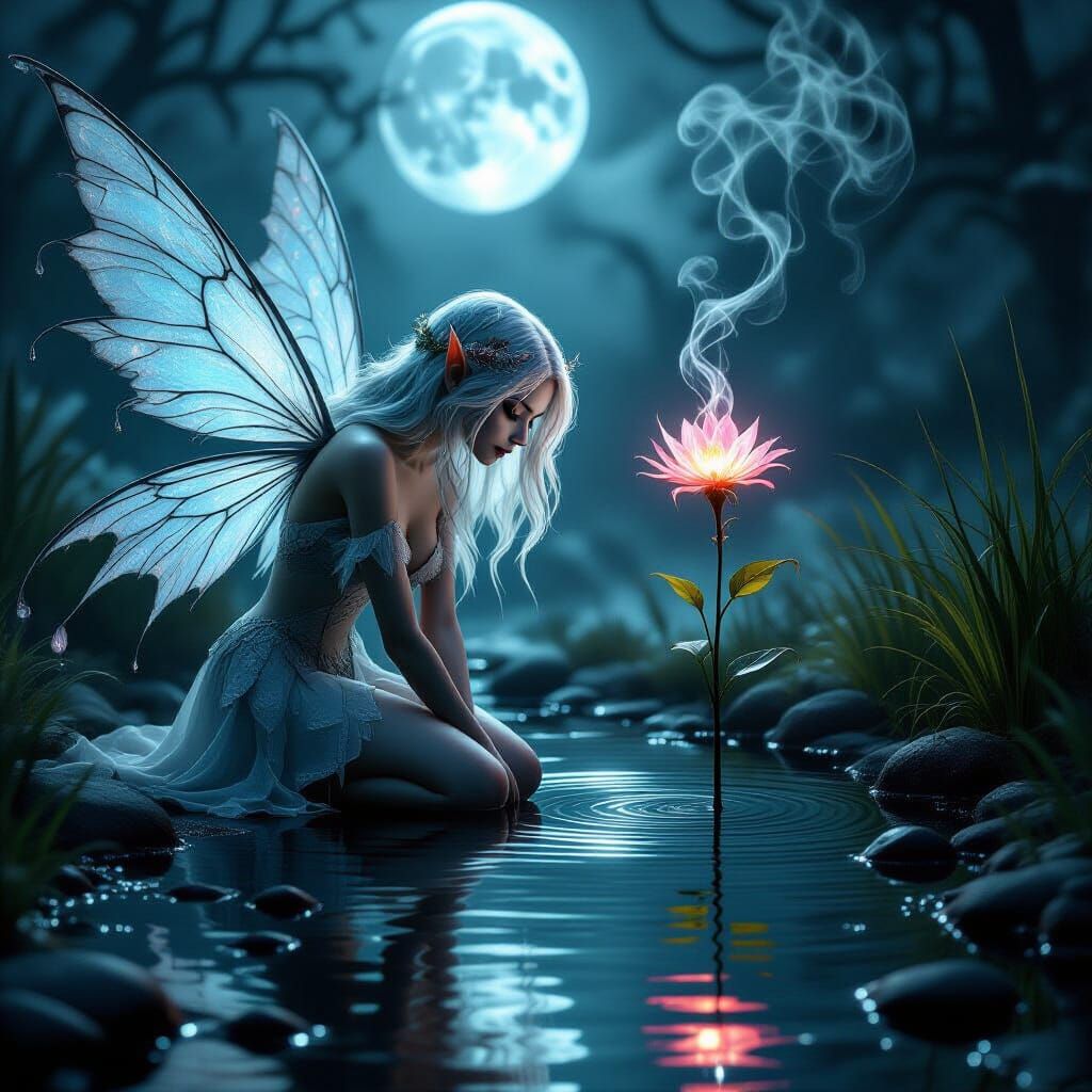 Haunting Fairy by Shadowy Pond Under Ghostly Moon