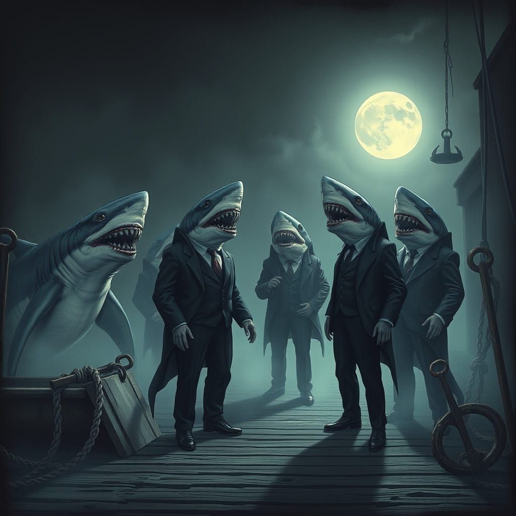 Mafia of Great White Sharks in Dark, Atmospheric Setting
