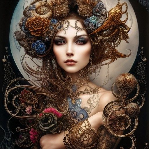 Ornate Celestial Portrait of Brunette with Tattoos