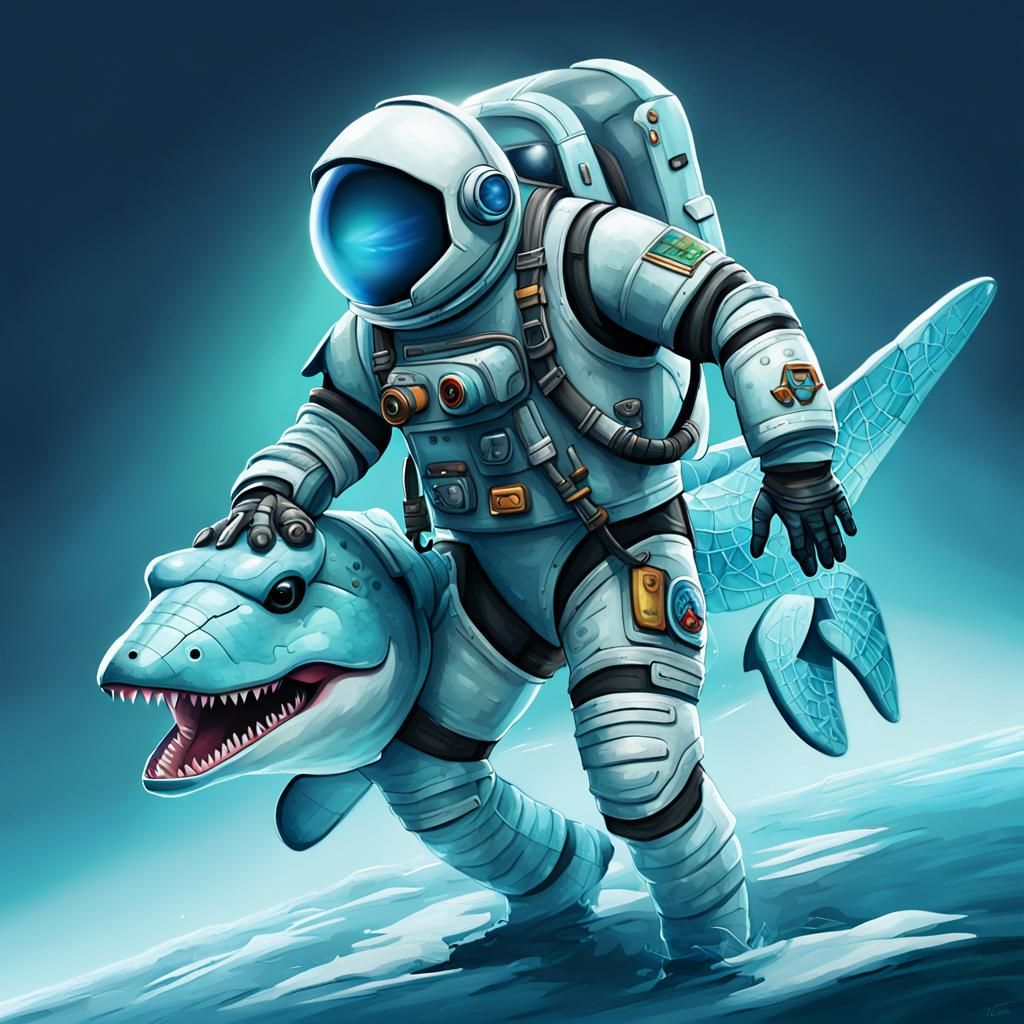Armored Aquatic Angler Astronaut in Abstract Airbrush Style