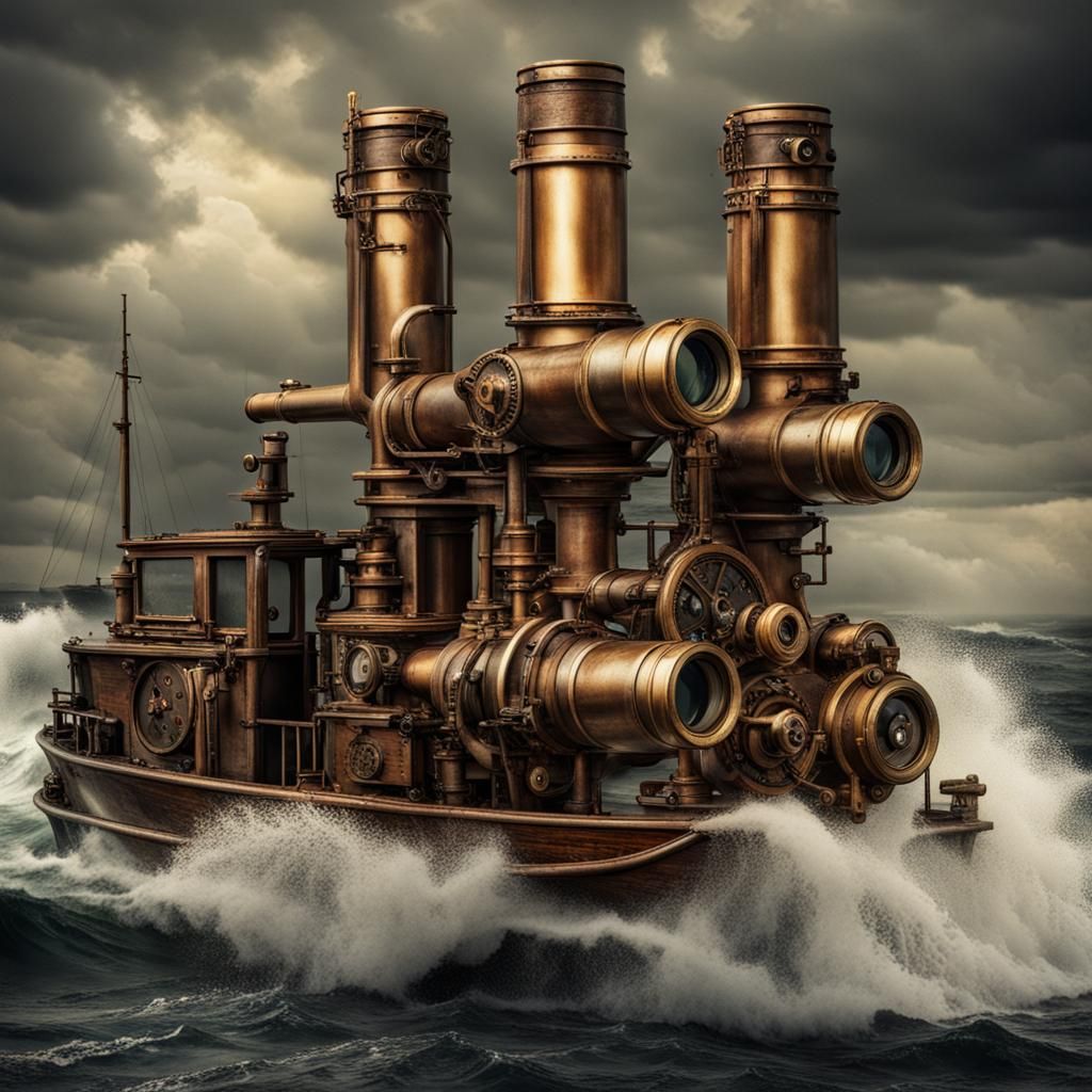 Steampunk Sailors Brave Stormy Seas with Engine