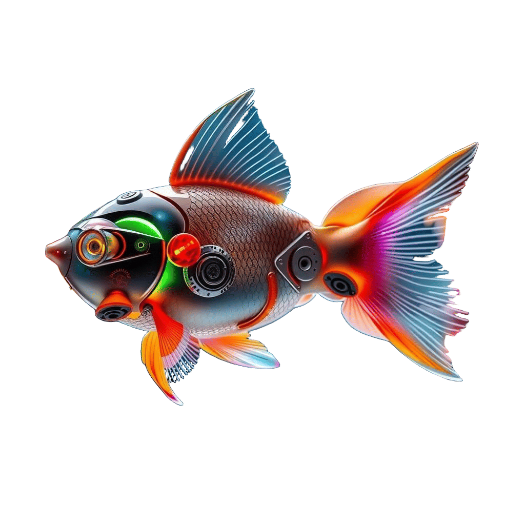 Mechanized Goldfish with Neon Accents in Fish Tank