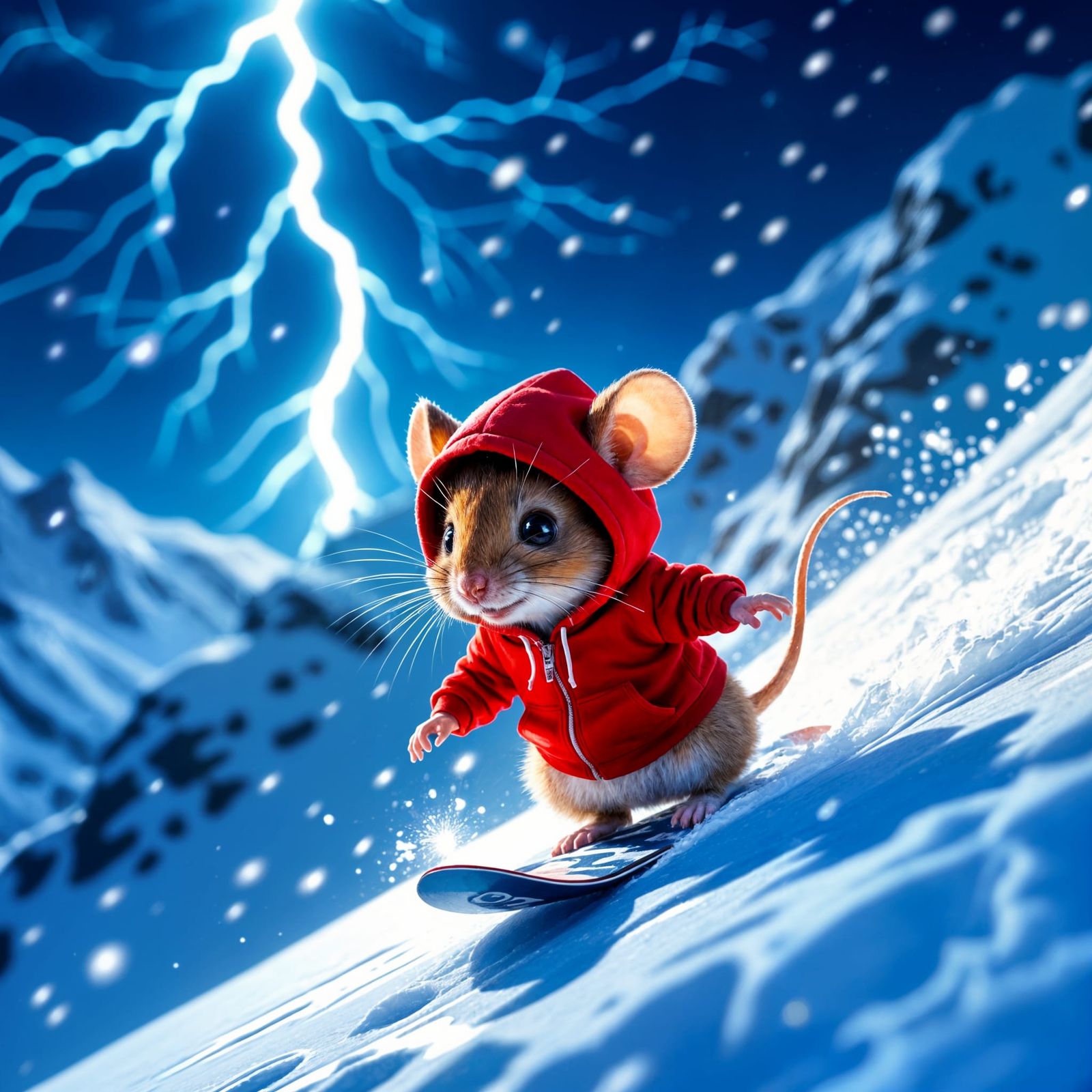 Mouse Snowboarding in Lightning Storm, Digital Painting