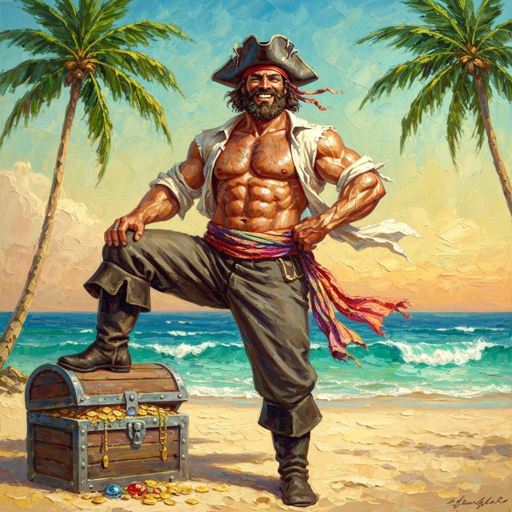 Muscular Pirate on Beach with Treasure Chest - Impasto Oil P...