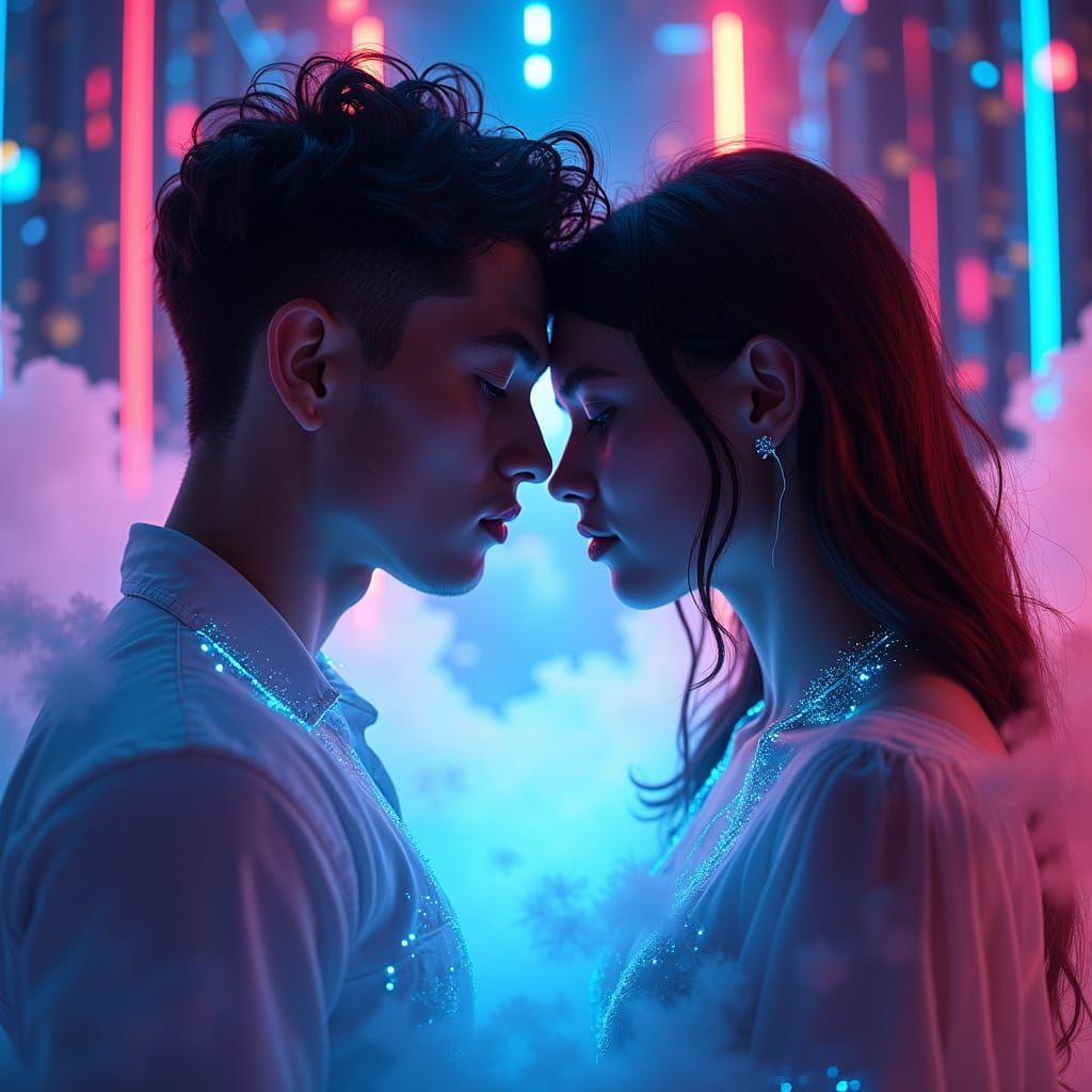 Lovers Entwined in Neon Cyberscape