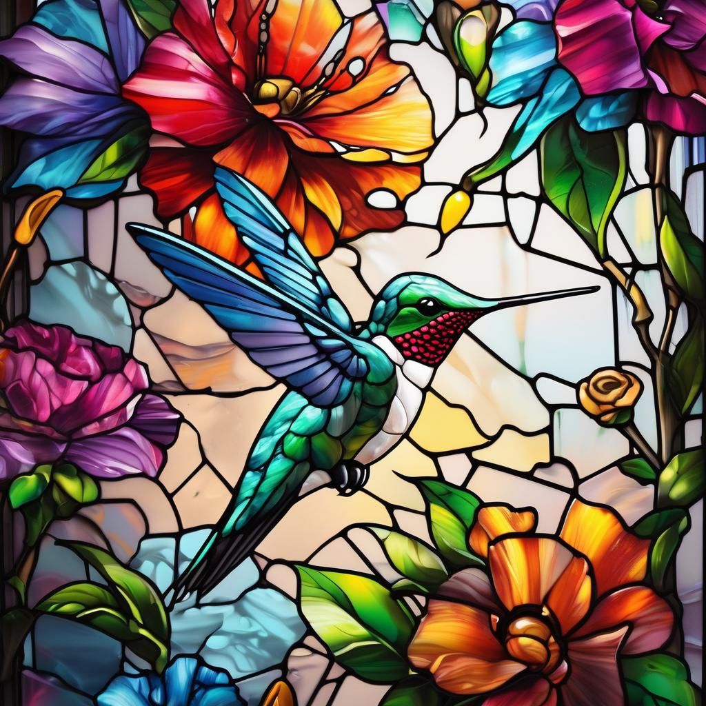 Stained Glass Hummingbird and Flowers in Graffiti Art