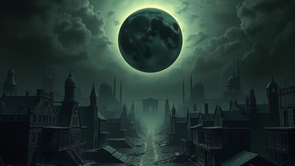 Ominous Black Sun over Decaying Cityscape