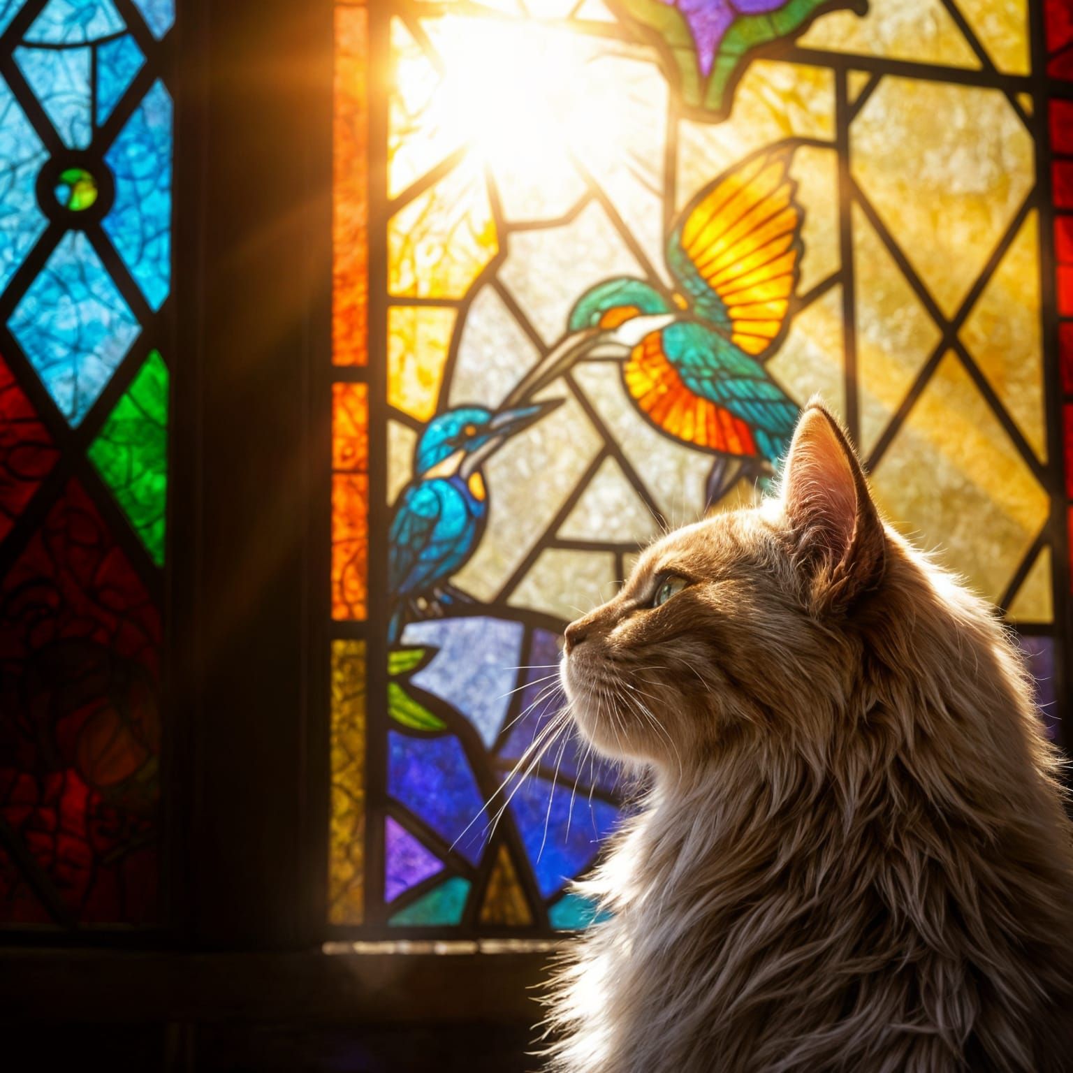 Persian Cat Gazing at Kingfisher Through Stained Glass
