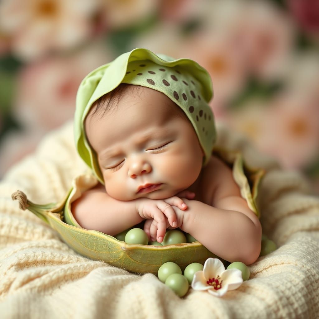 Baby Asleep in Pea Pod, Anne Geddes Style