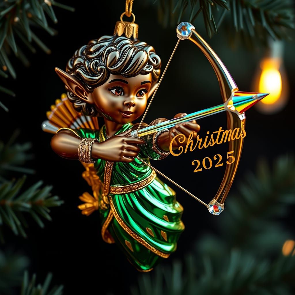 Glowing Glass Elf Archer Christmas Ornament in Emerald Green...
