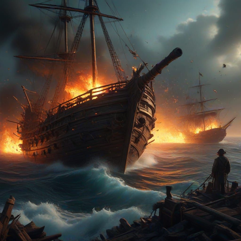 Cinematic Pirate Ship Battle with Explosions and Sword Fight...