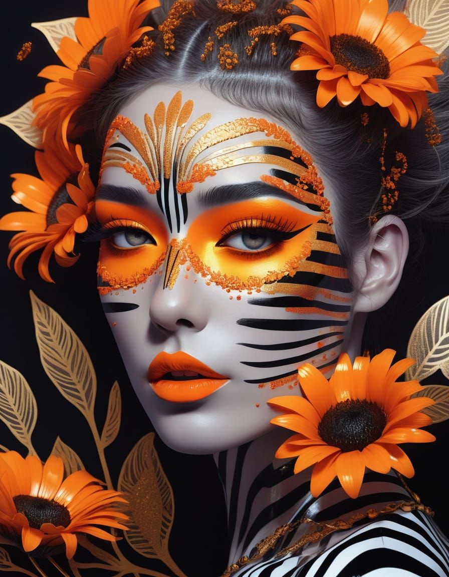 Vibrant Neon Portrait of a Woman with Floral Makeup