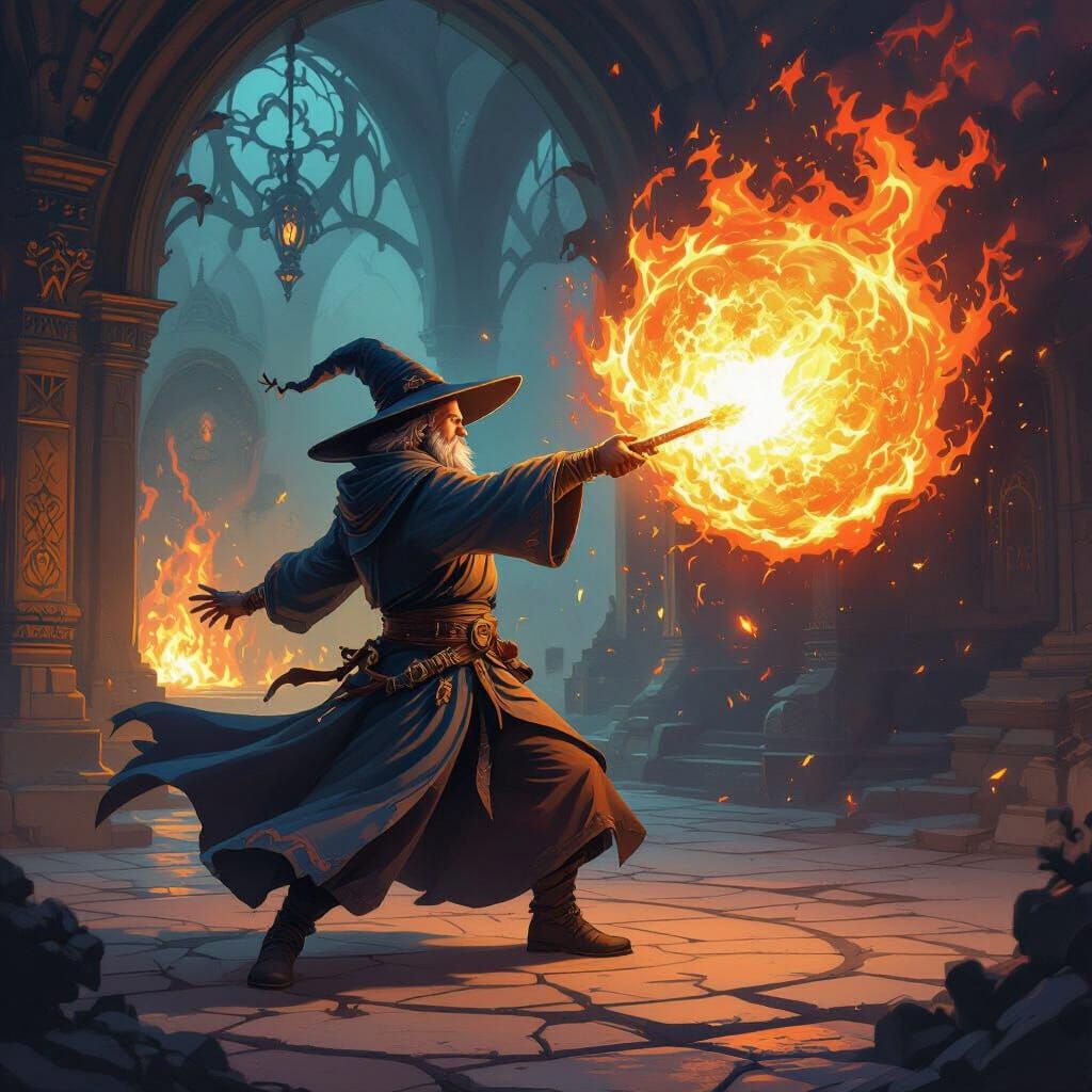 Mage Casting Fireball Spell in Fantasy Realm