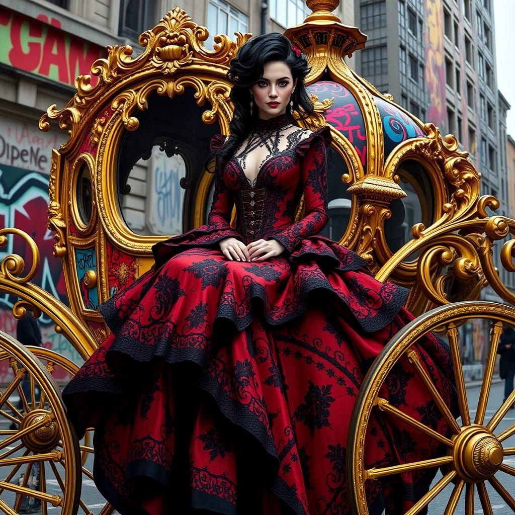 Elegant, Edgy Victorian Woman Rides Golden Carriage in Urban...