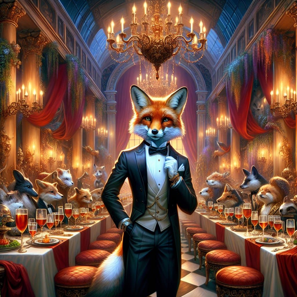 Anthropomorphic Fox Attends Lavish Dinner Party