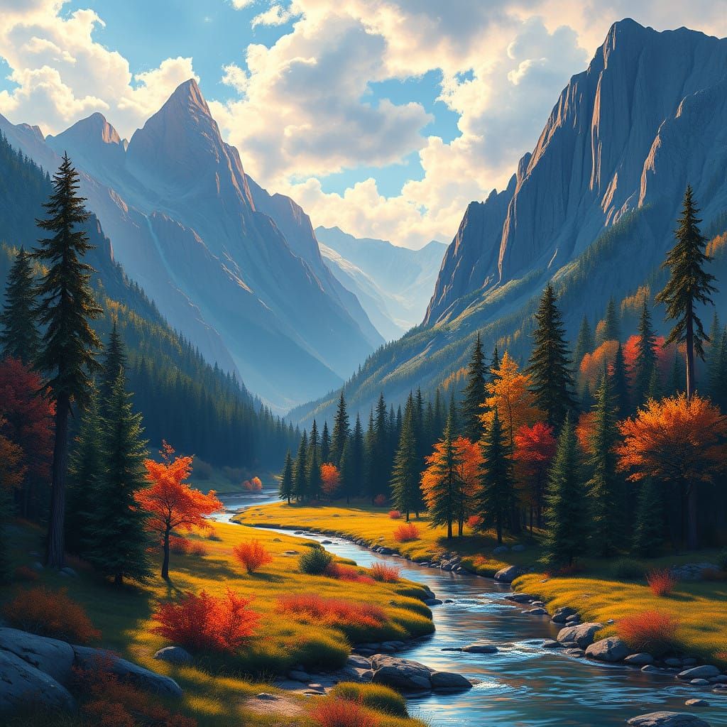 Lush Mountain Landscape in Vibrant Acrylic Paint