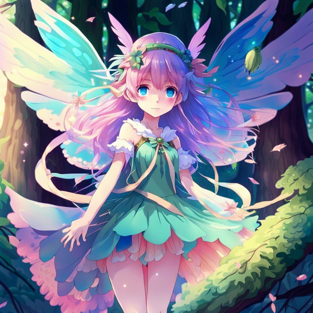 Anime Fairy Flying in Magical Forest