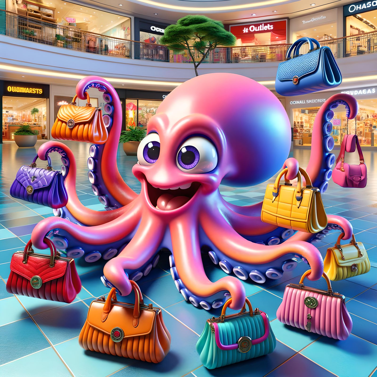 Cartoon Octopus Shopping Spree in Vibrant Mall