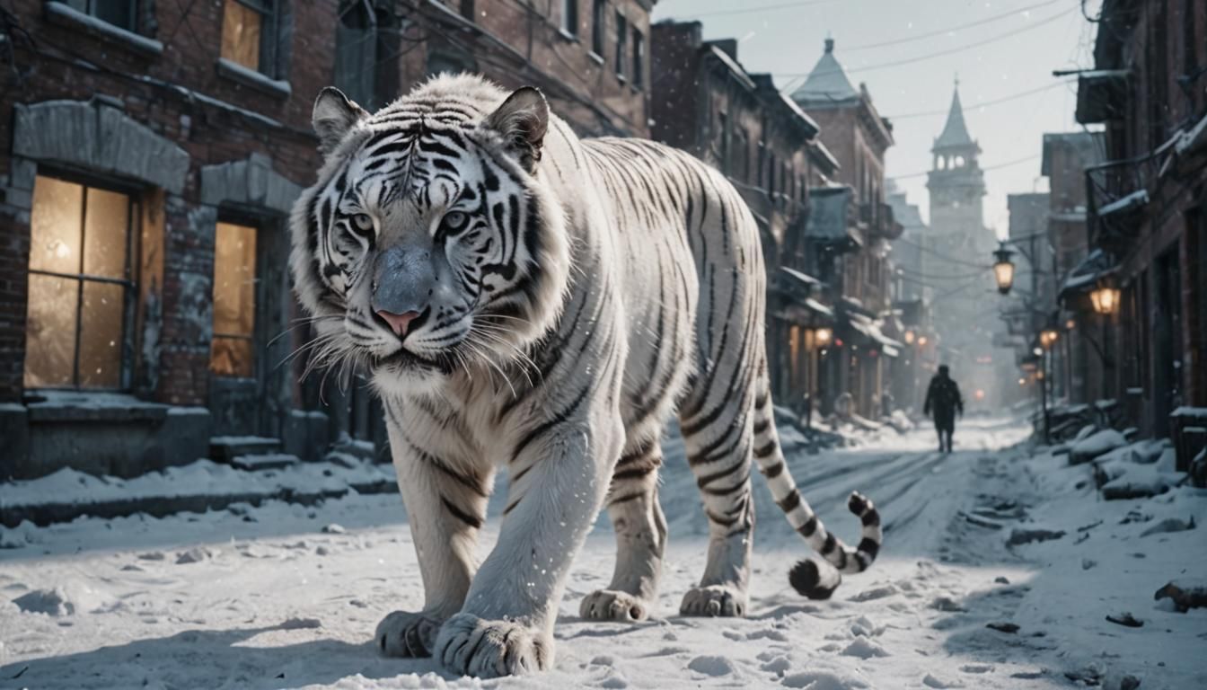 White Tiger Prowls Snowy, Abandoned City: Hyperrealistic Pho...