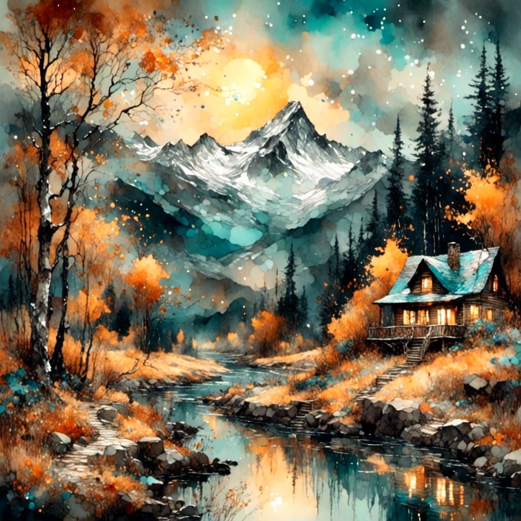 Iridescent Mountain Valley at Night in Kinkade Style