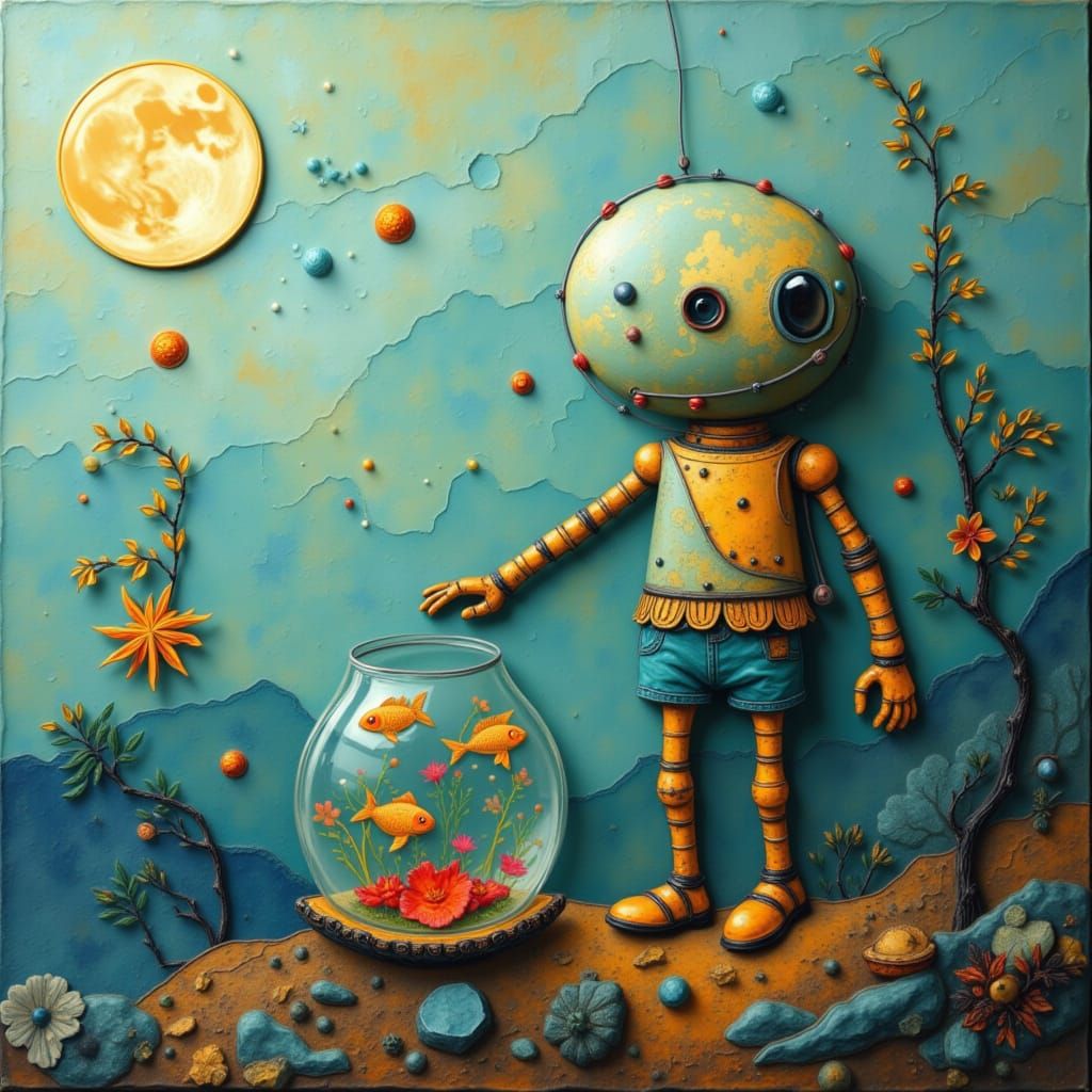 Cute Robot Holding a Fishbowl with Moon
