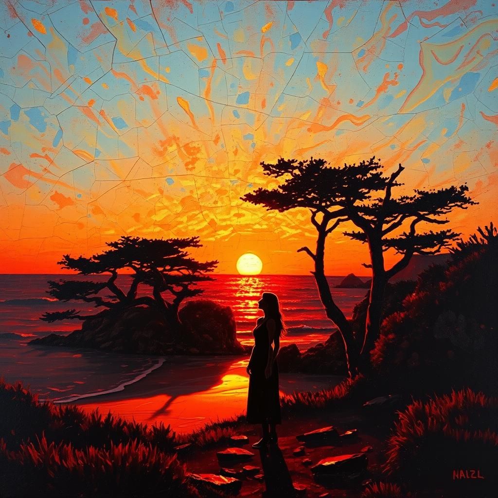 Carmel Beach Sunset: Impasto Gouache Oil Painting