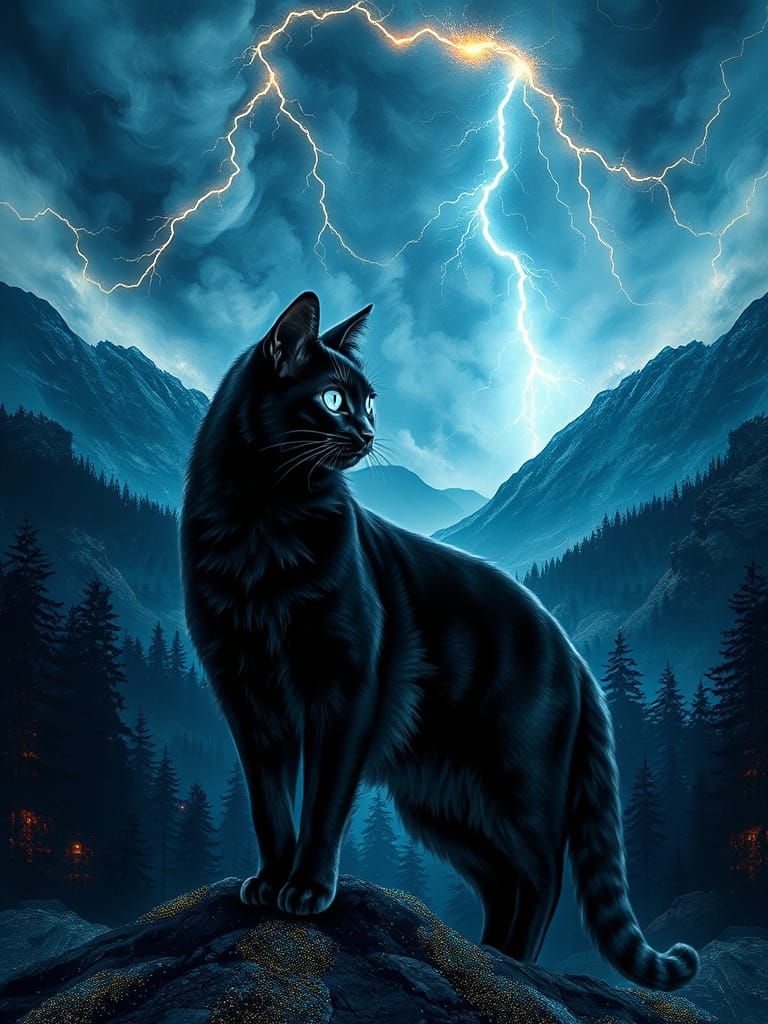 Surreal Digital Painting of Giant Cat in Cosmic Valley
