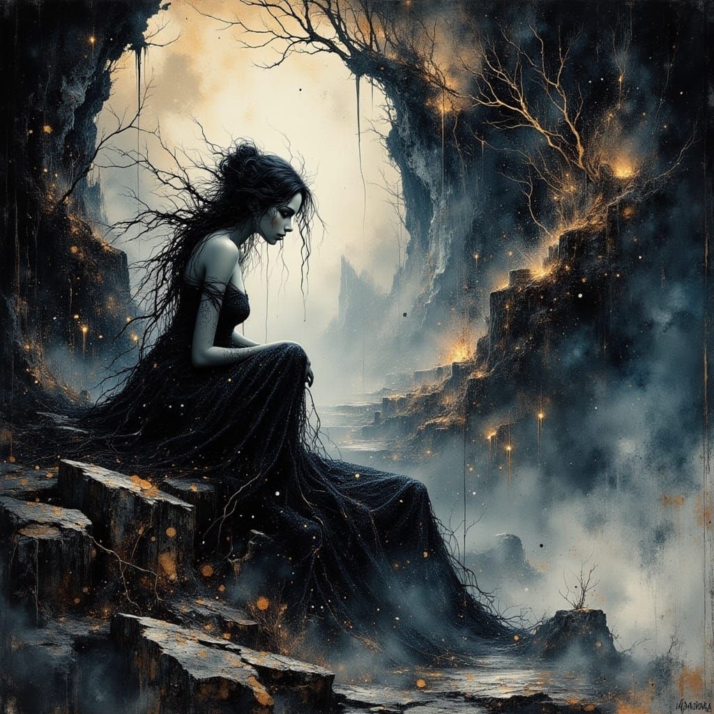 Ethereal Goddess in Spectral Castle Ink Drawing