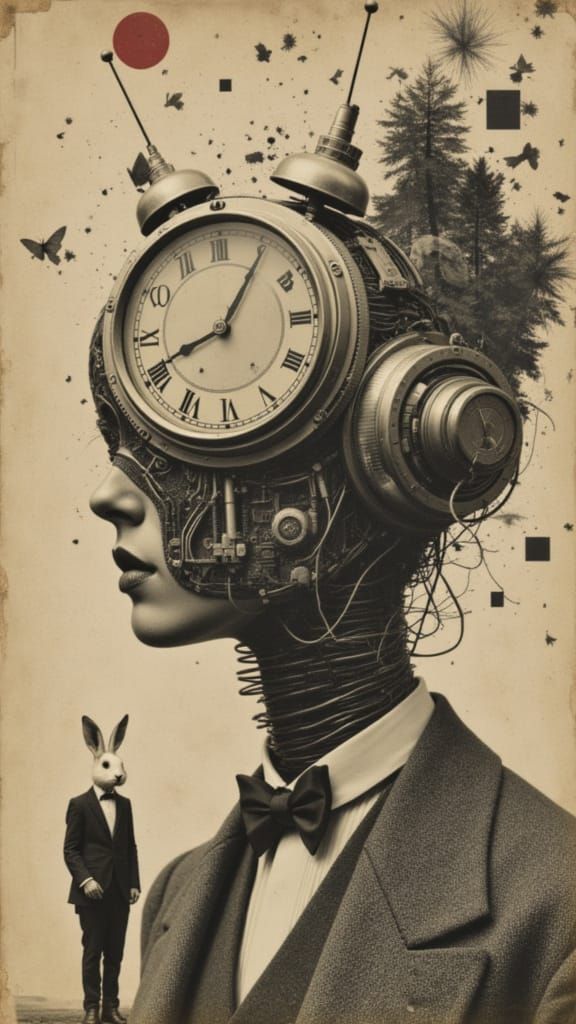 Surreal Mechanical Head with Rabbit Operator in Atomic Style