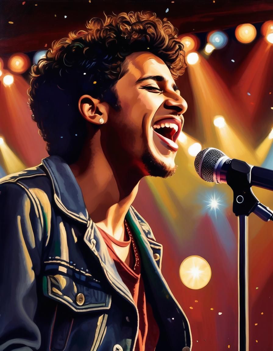 Charismatic Singer on Stage: Hyperrealistic Oil Painting