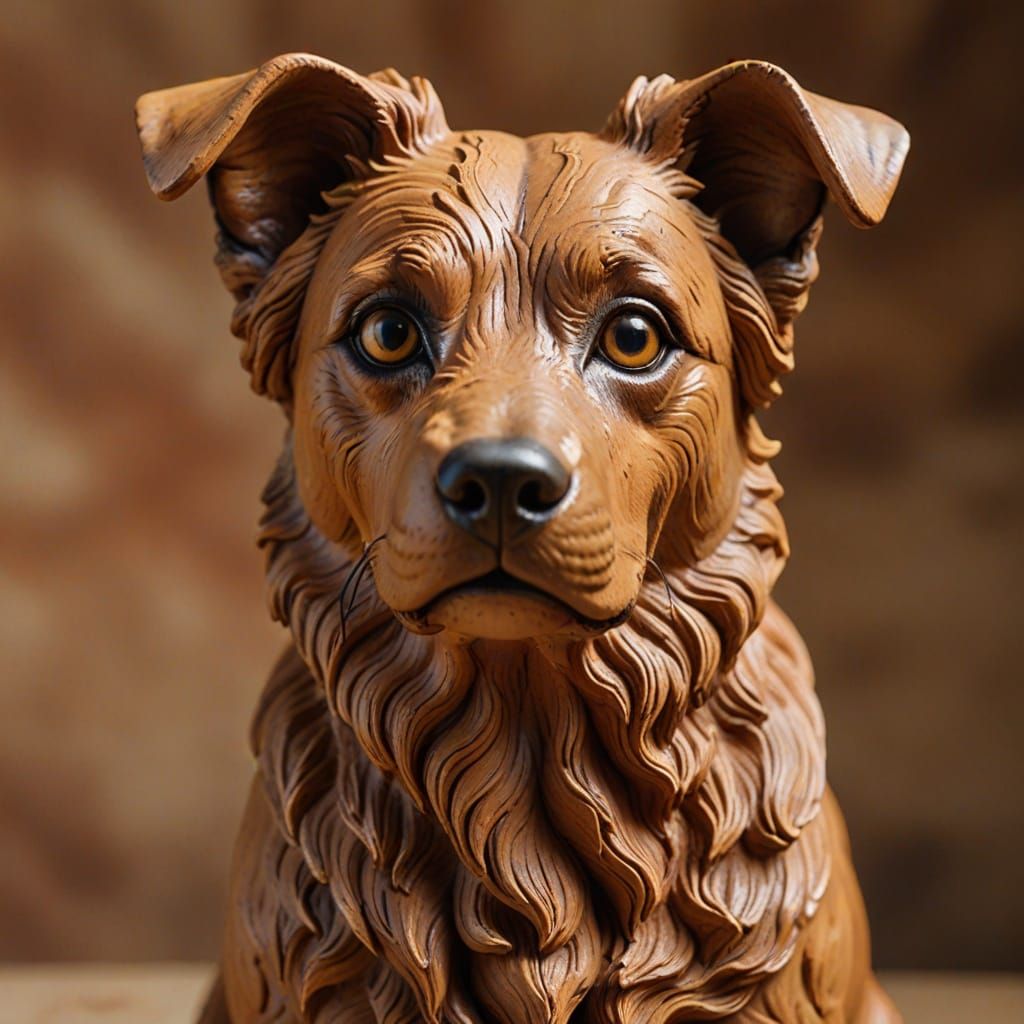 Realistic hand-made clay masterpiece sculptures of a clay dog